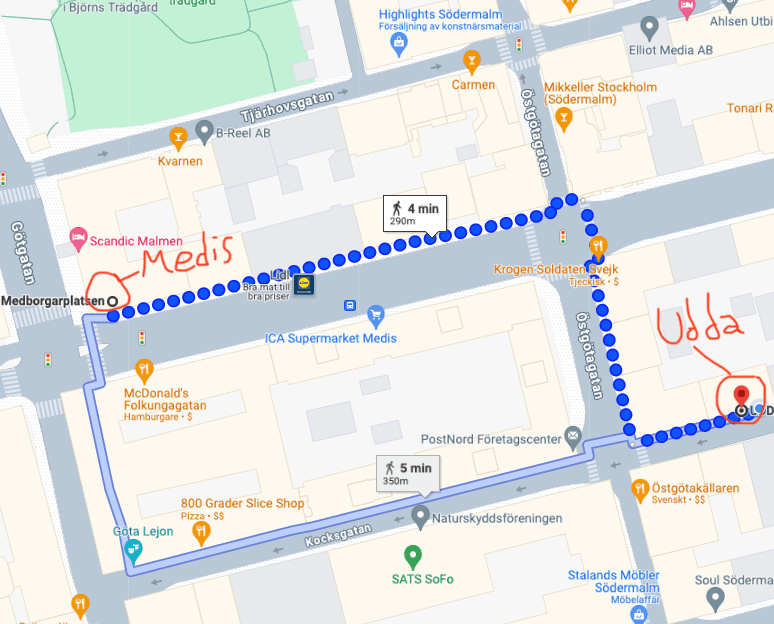 Karta som visar vägen till UDDA på Kocksgatan 19